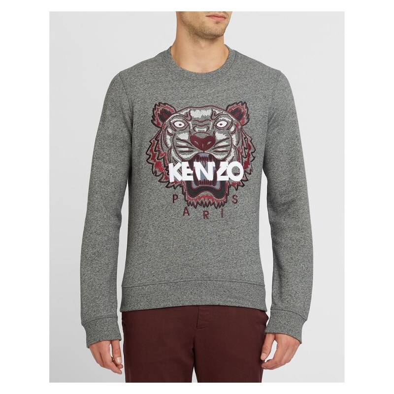 KENZO Graues Sweatshirt mit Rundhalsausschnitt und aufgesticktem Tiger