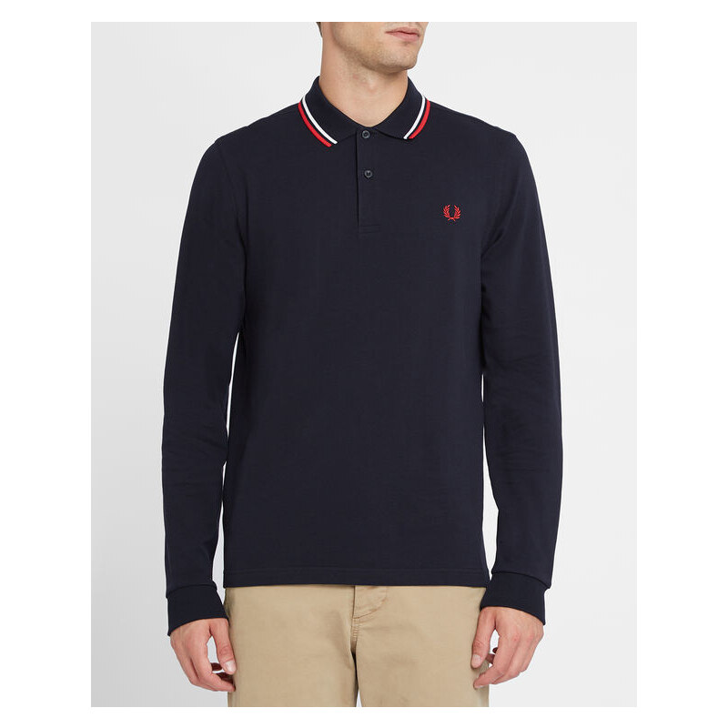FRED PERRY Marineblaues, langärmliges Slim-Fit-Poloshirt Classic
