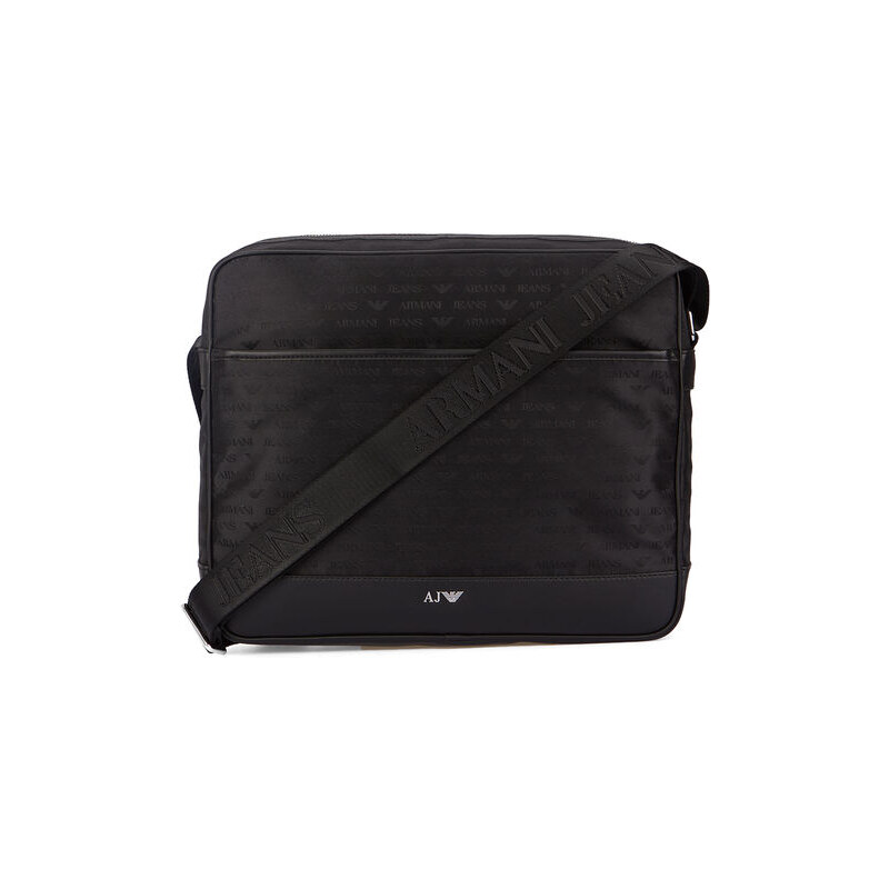 ARMANI JEANS Schwarze Messengertasche aus Nylon mit Reißverschluss auf Vorderseite und All-Over-AJ-Logo