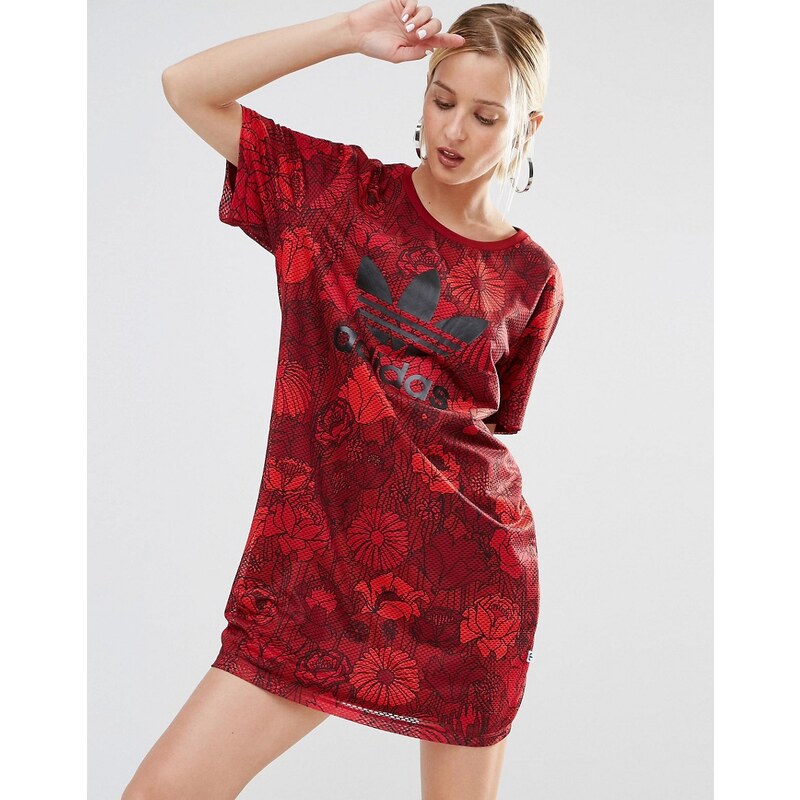 adidas Originals - T-Shirt-Kleid mit Blumenmuster und Kleeblatt-Logo - Rot