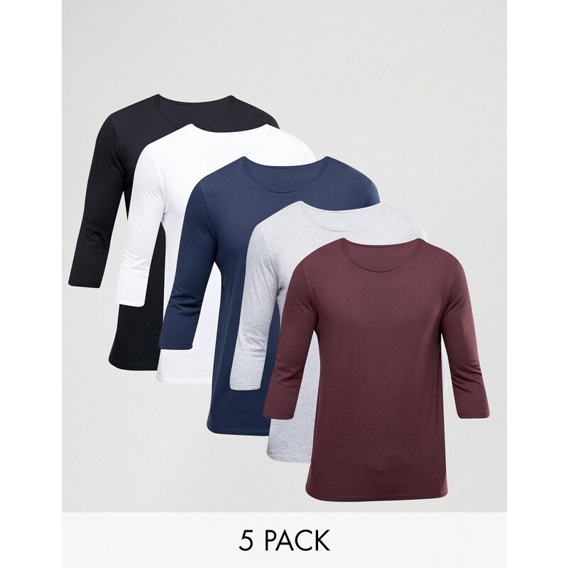 ASOS - T-Shirts mit 3/4-Ärmeln und Rundhalsausschnitt im 5er-Pack - Mehrfarbig
