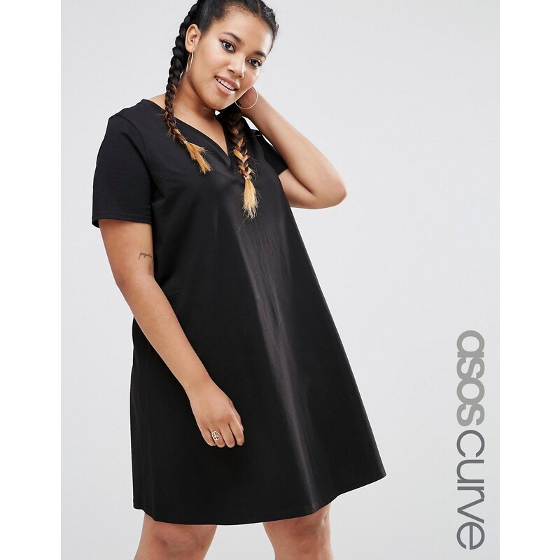 ASOS CURVE - Ausgestelltes T-Shirt-Kleid mit V-Ausschnitt - Schwarz