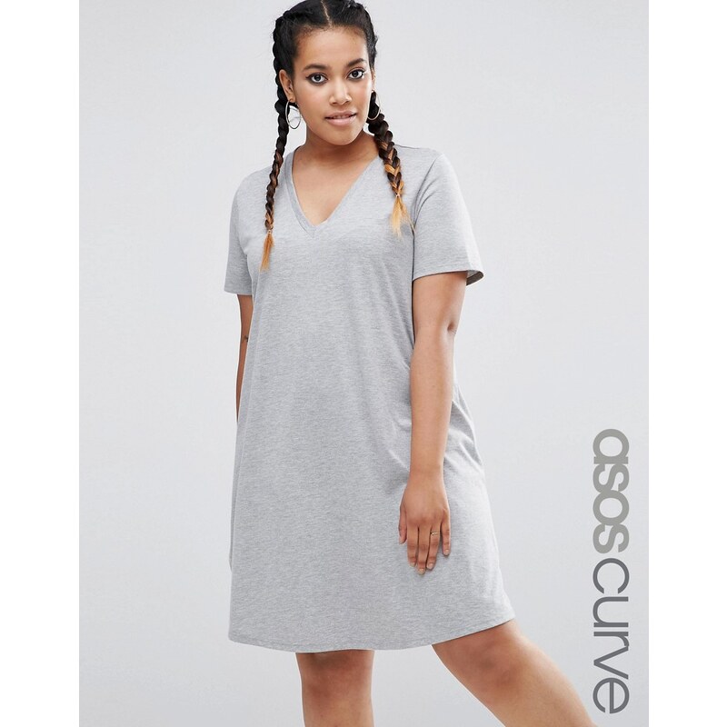 ASOS CURVE - Ausgestelltes T-Shirt-Kleid mit V-Ausschnitt - Grau