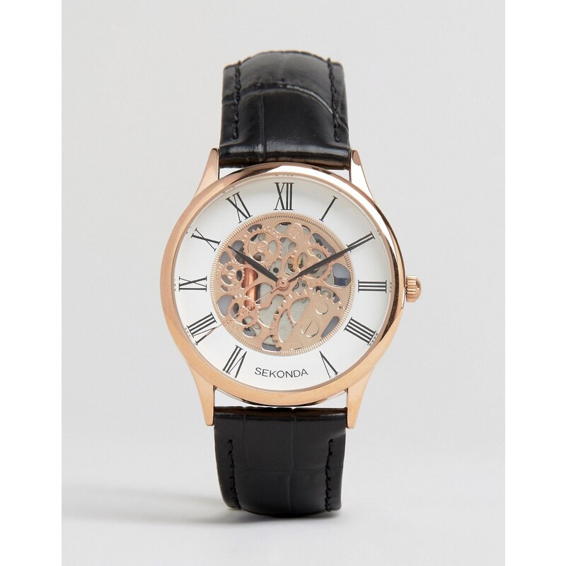 Sekonda - Exklusiv bei ASOS - Armbanduhr mit sichtbarem, mechanischem Uhrwerk, schwarzes Leder mit Zifferblatt in Gold - Schwarz