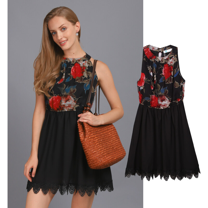 Lesara Kurzes Kleid mit Spitzensaum & Blumen-Muster - M