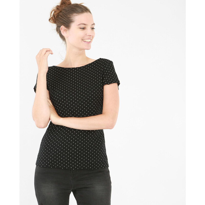 Gepunktetes T-Shirt mit tiefem Ausschnitt hinten Schwarz, Größe L -Pimkie- Mode für Damen