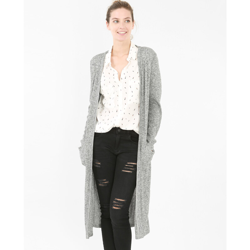 Lange Strickjacke mit feinem Rippenmuster Grau, Größe S -Pimkie- Mode für Damen