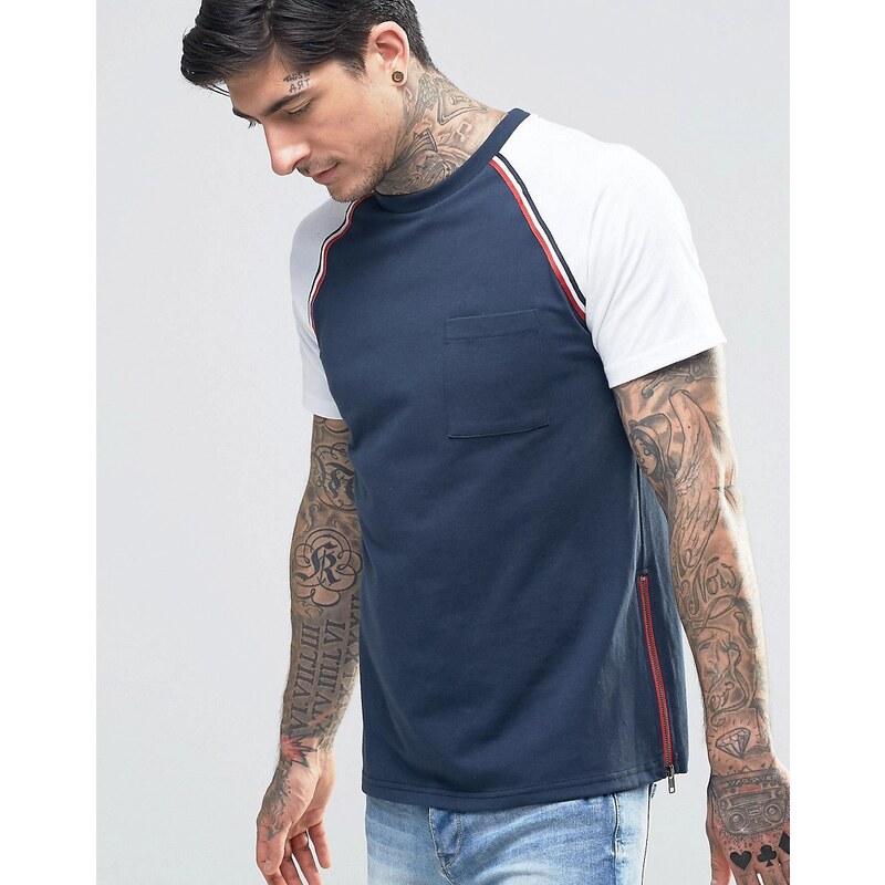Another Influence - T-Shirt mit Raglan-Ärmeln und Brusttasche - Marineblau