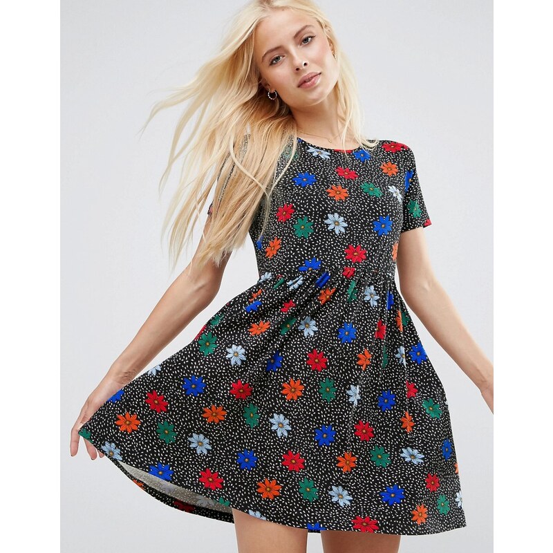 ASOS - Smock-Kleid mit Blumen und Punkten im 90er-Jahre-Look - Mehrfarbig