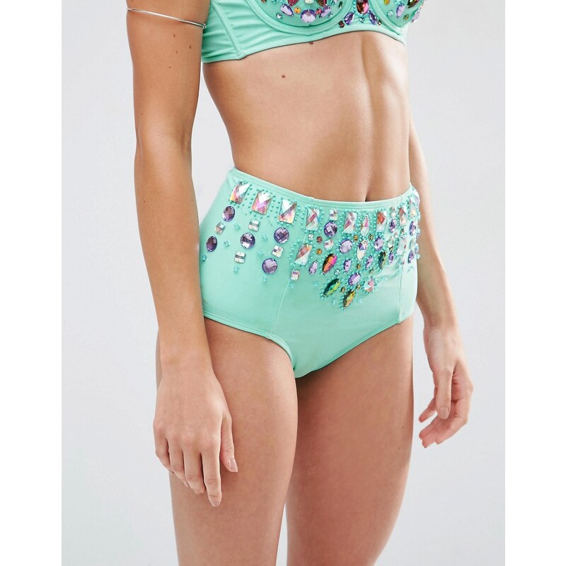 ASOS - Frozen - Bikinihose mit Schmucksteinen und hohem Bund - Grün