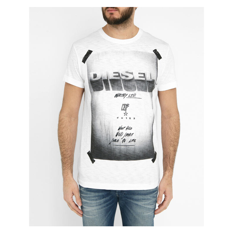 Weißes T-Shirt aus Flamé-Baumwolle mit Rundhalsausschnitt und Print Diesel Diego