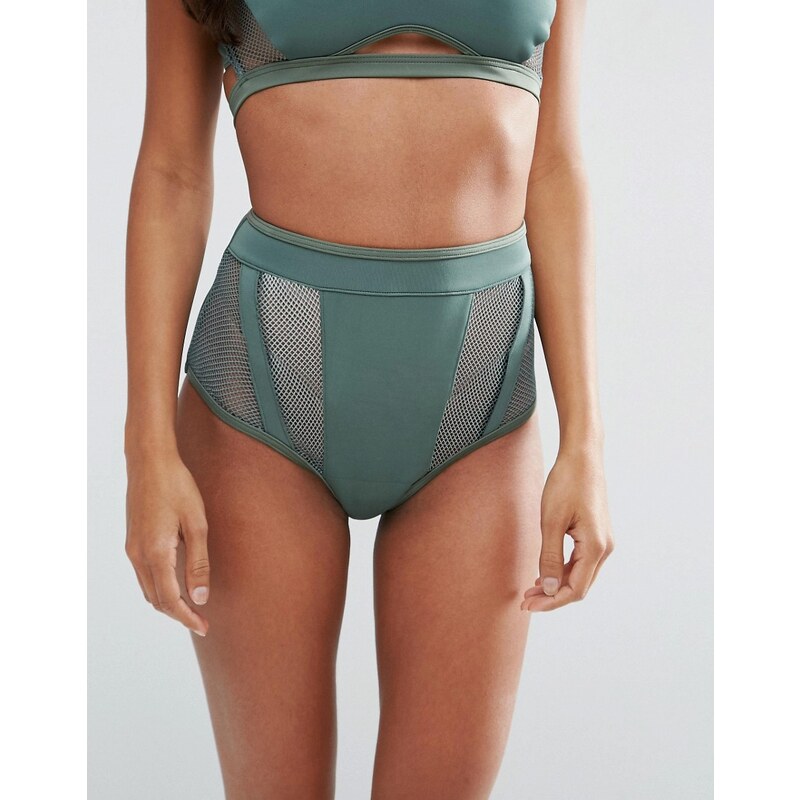 ASOS - Bikinihose mit hohem Bund und Netzstoffeinsatz - Grün