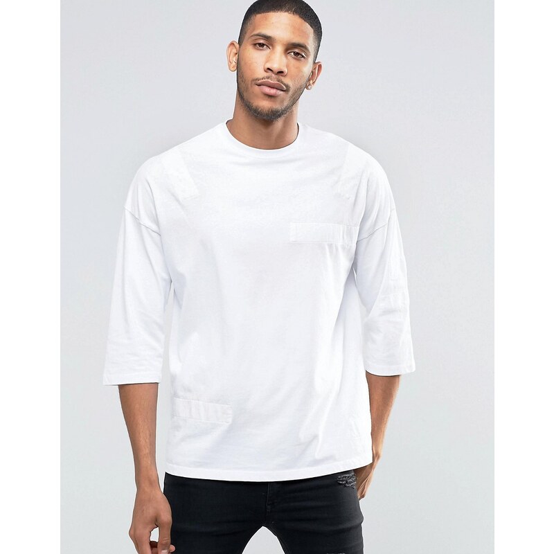 ASOS - Oversize-T-Shirt mit 3/4-Ärmeln und unregelmäßigem Streifendetail - Weiß