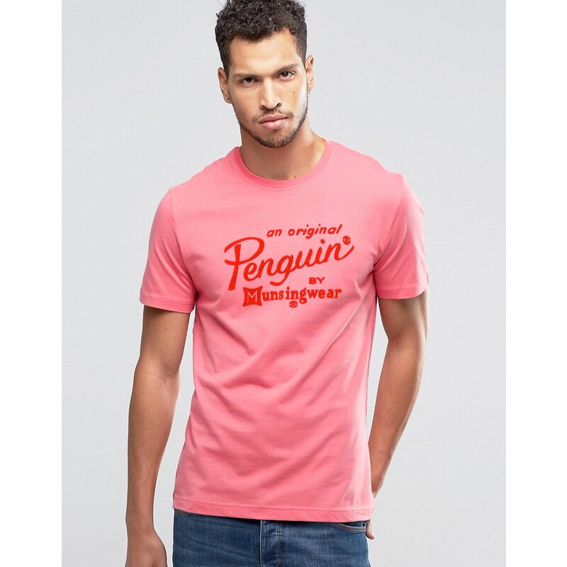 Original Penguin - T-Shirt mit aufgeflockter Schrift - Orange