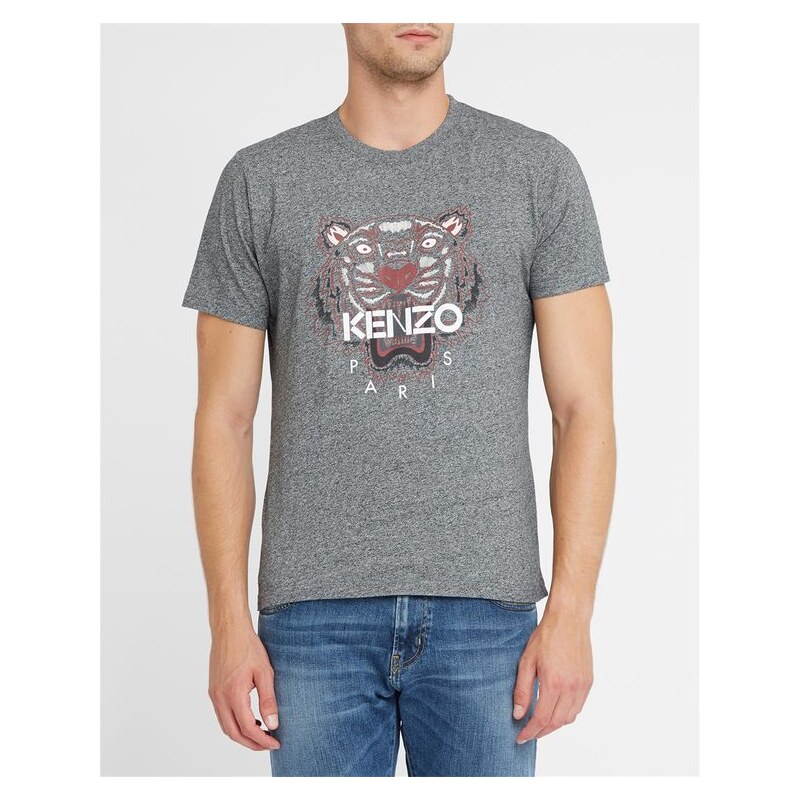 KENZO Anthrazitgraues T-Shirt mit Rundhalsausschnitt und aufgesticktem Tigermotiv