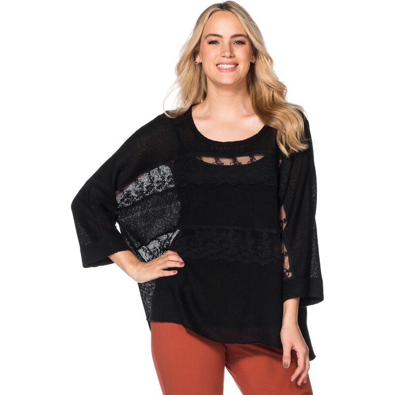 Große Größen: sheego Style Oversized-Pullover mit Spitzeneinsatz, schwarz, Gr.40-56