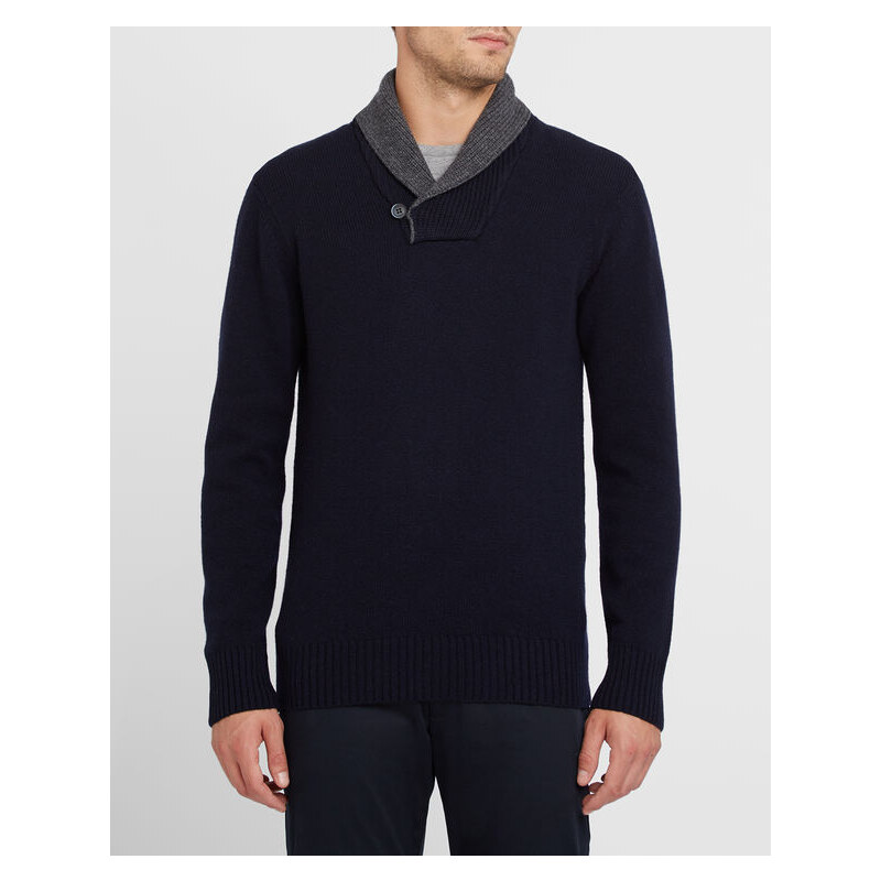 HACKETT Marineblauer Pullover mit zweifarbig grauem Schalkragen