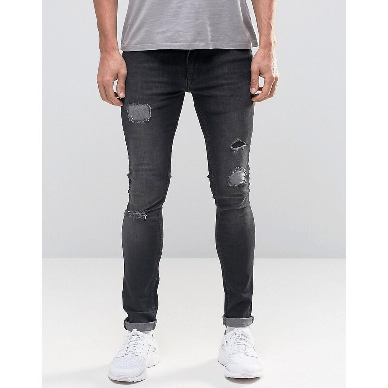 Kubban - Spray On - Jeans in schwarzer Waschung mit Rissen und Flicken - Schwarz