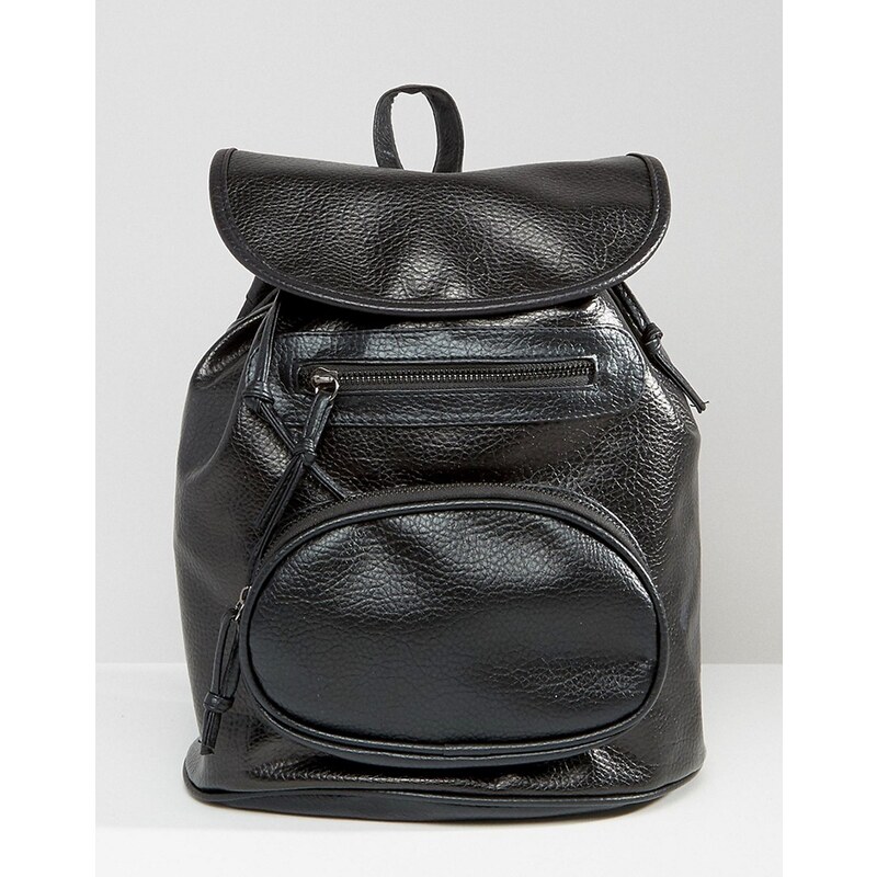 7X - Schwarzer Rucksack mit Kordelzug und ovaler Tasche vorne - Schwarz
