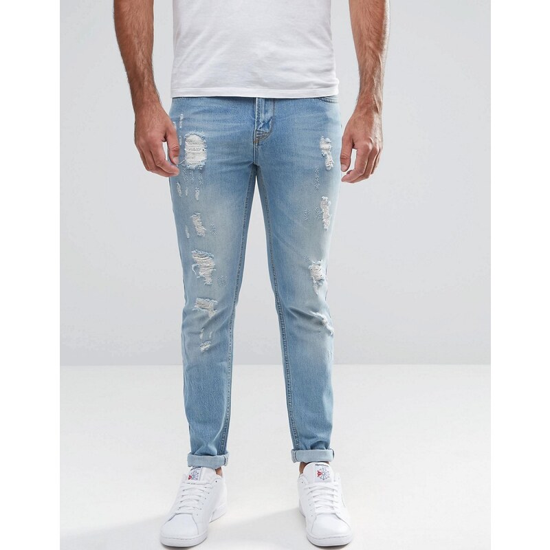 Hoxton Denim - Gebleichte Skinny-Jeans mit Rissen in Oil Wash - Blau