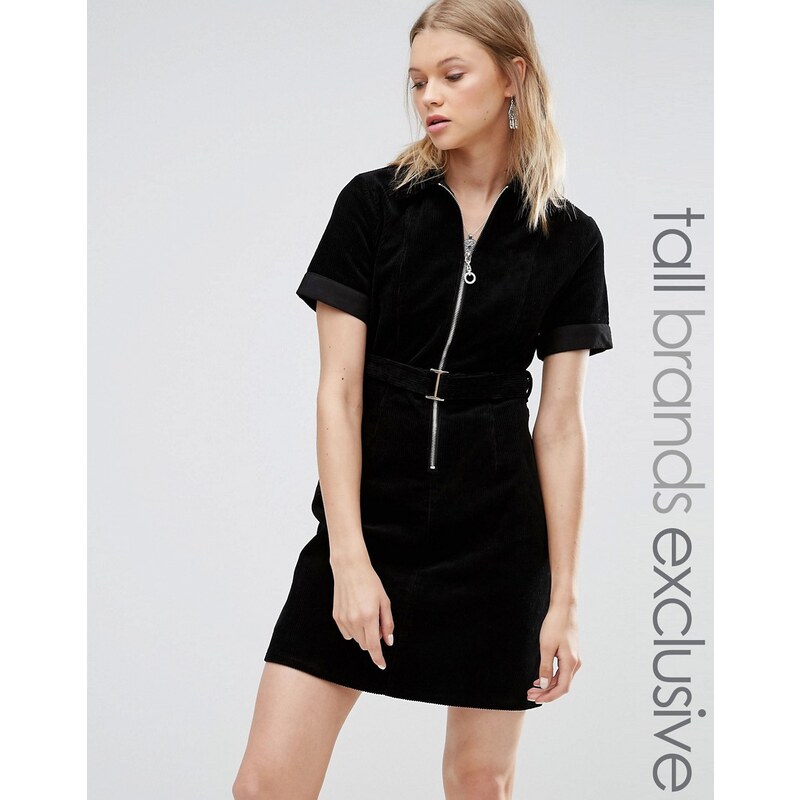 Glamorous Tall - Kurzärmliges Cord-Kleid mit Reißverschluss und Gürtel - Schwarz
