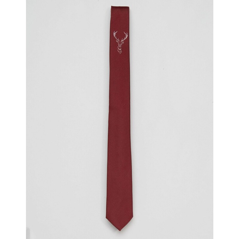 ASOS - Schmale, burgunderrote Krawatte mit aufgedruckten Hirschgeweihen - Rot