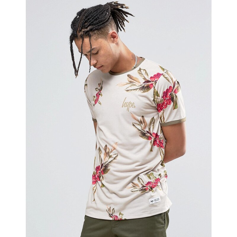 Hype - Ringer - T-Shirt mit Blumen-Print - Beige