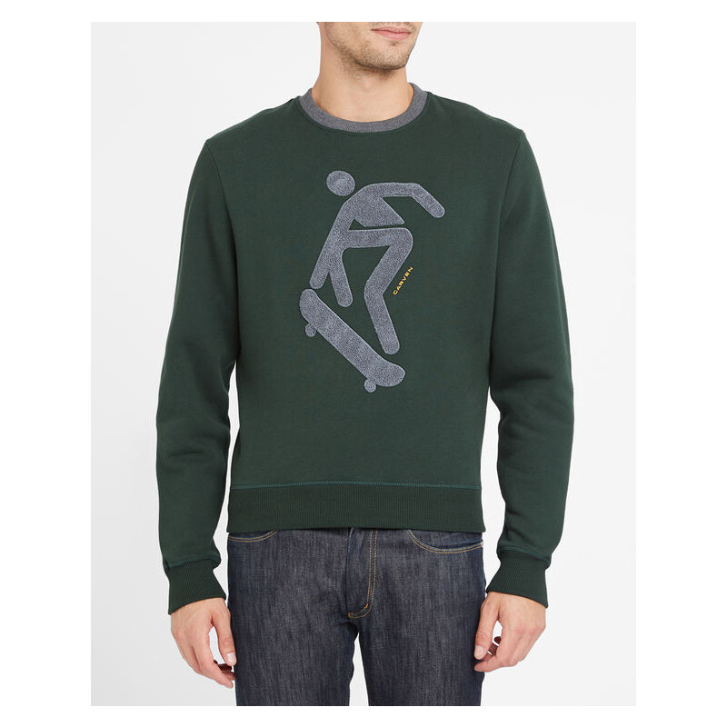 Carven Tannengrünes Sweatshirt mit Rundhalsausschnitt und kontrastierendem grauen Männchen-Motiv