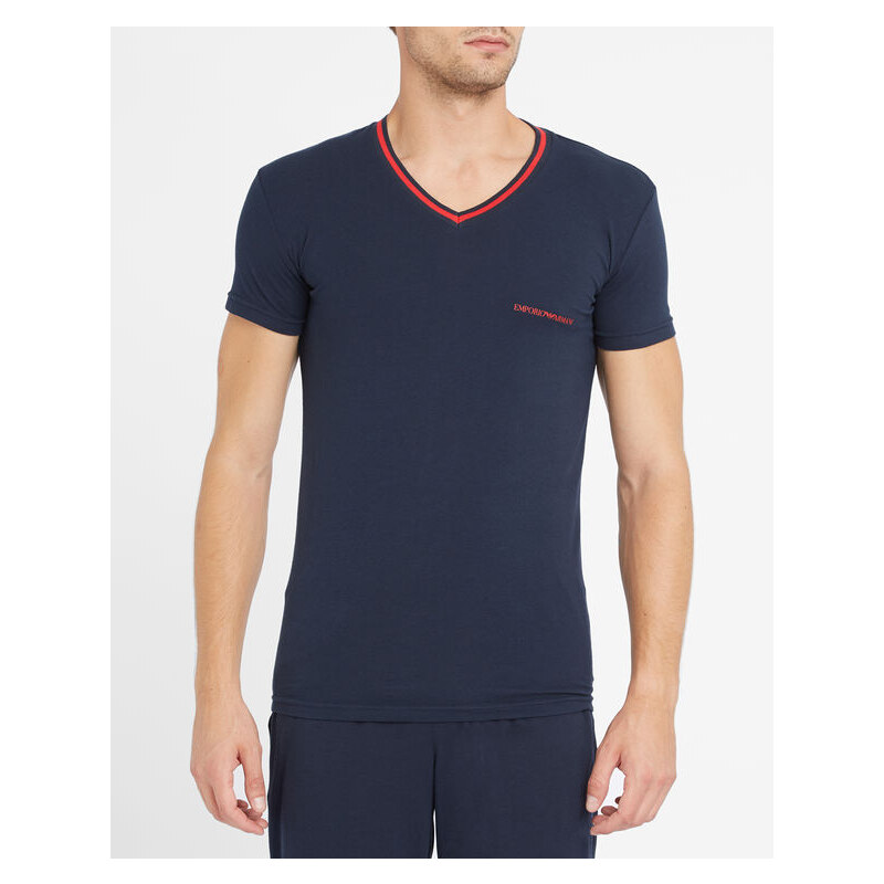 EMPORIO ARMANI Marineblaues T-Shirt mit V-Ausschnitt und Armani-Logo