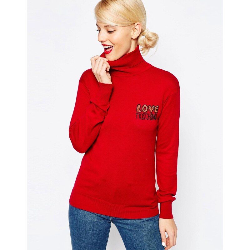 Love Moschino - Perlenbesetzter Pullover aus Seidenmischung mit Logo - Rot