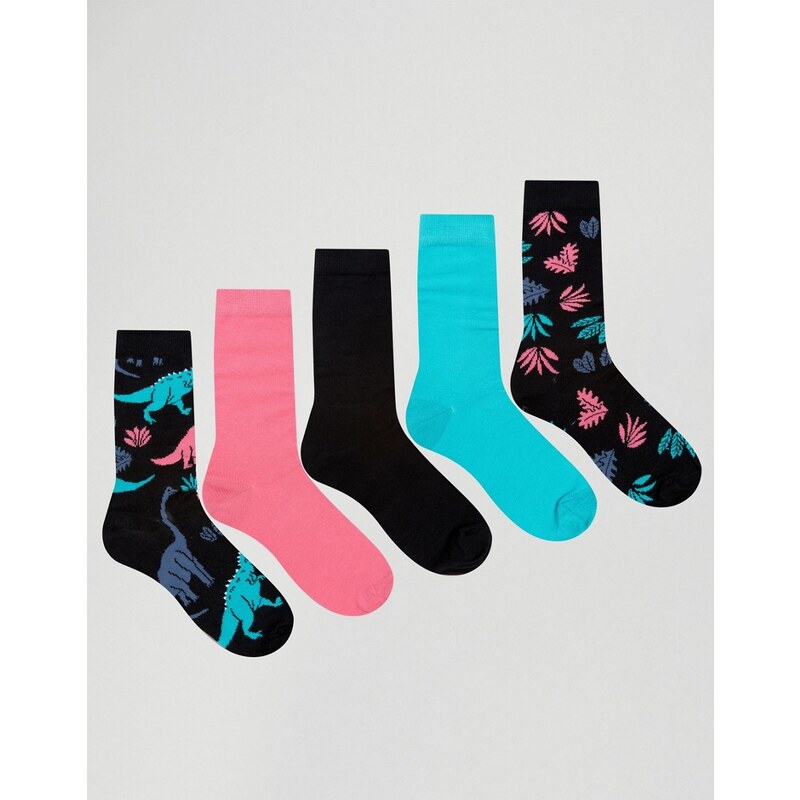 ASOS - 5er Pack Socken mit Dinosaurier-Design - Mehrfarbig