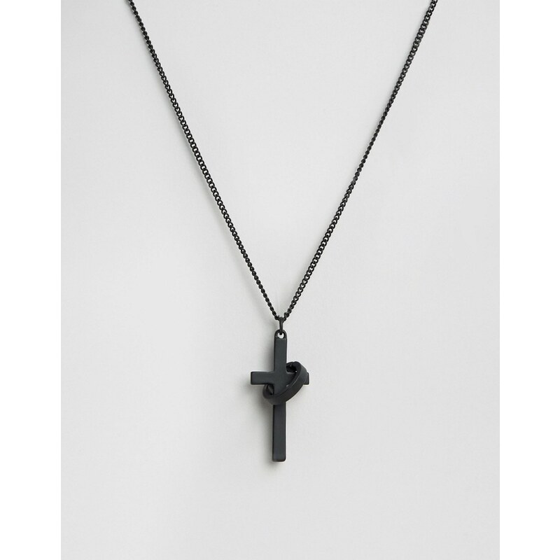 Chained & Able - Halskette mit Kreuz- & Ringanhänger in Mattschwarz - Schwarz