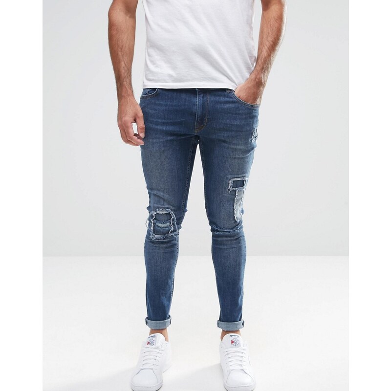 Hoxton Denim - Spray-on-Jeans mit Knie-Aufnähern - Blau