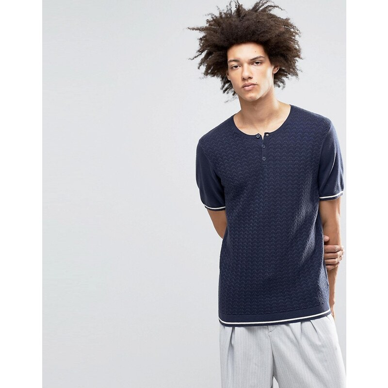 ASOS - Gestricktes T-Shirt aus Merinowollmischung mit Grandad-Kragen - Marineblau