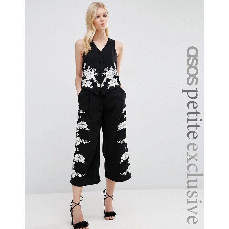 ASOS PETITE - Luxuriöser Hosenrock mit weitem Bein und hübscher Blumenstickerei, Kombiteil - Schwarz