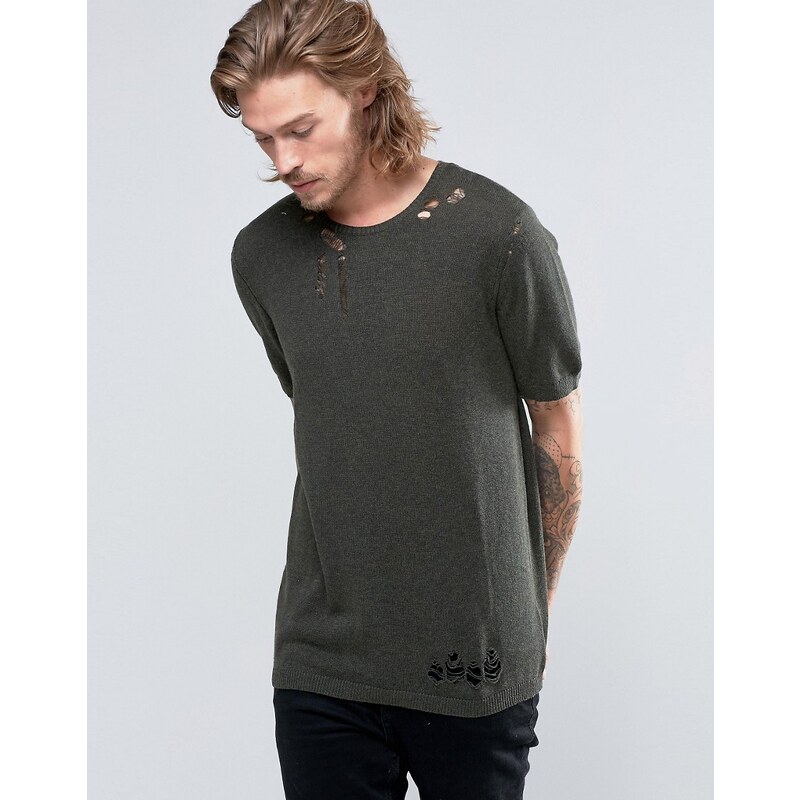 ASOS - Strick-T-Shirt mit Laufmaschendesign - Grün