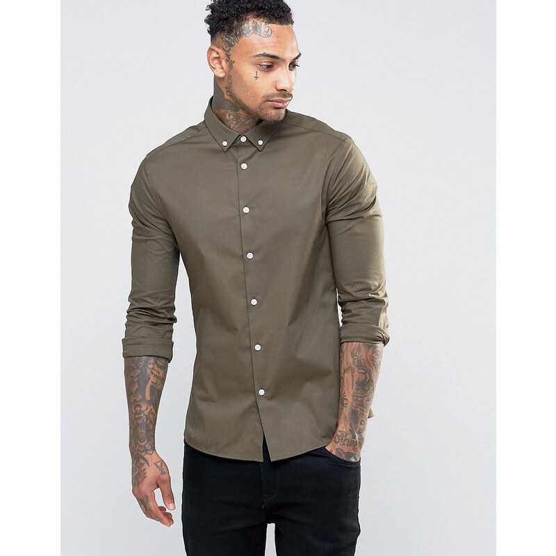 ASOS - Eng geschnittenes Hemd in Khaki mit Button-Down-Kragen - Grün