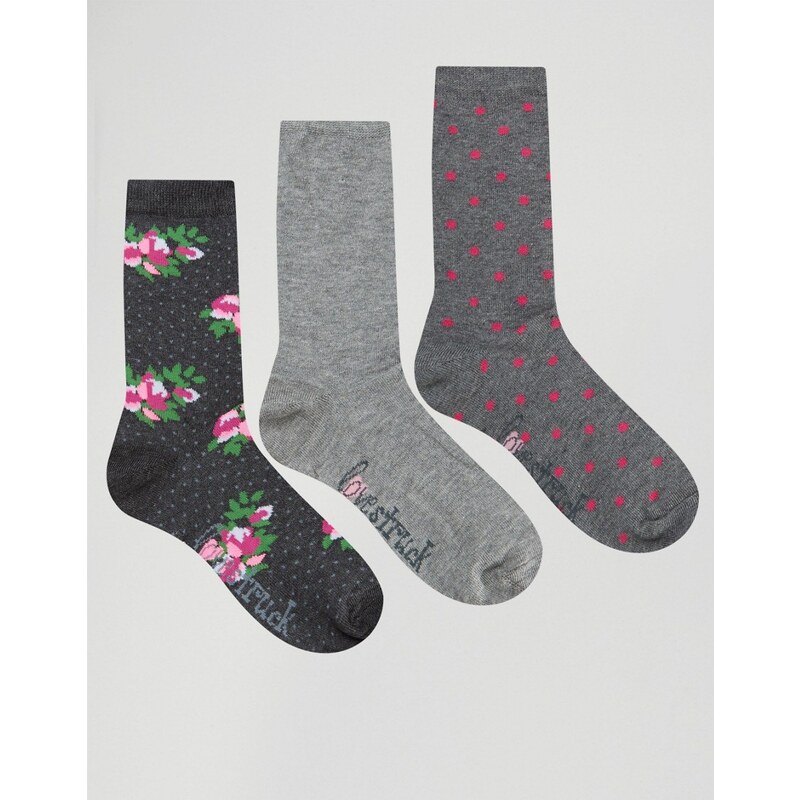 Lovestruck - Geblümte Socken mit Punkten im 3er-Pack - Grau