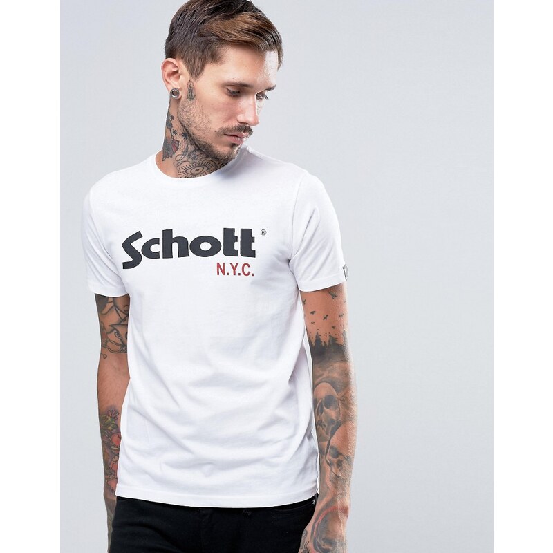 Schott - T-Shirt mit großem Logo - Weiß
