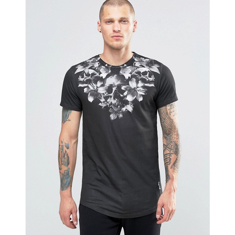 Religion - T-Shirt mit Blumen- und Totenkopf-Druck - Schwarz