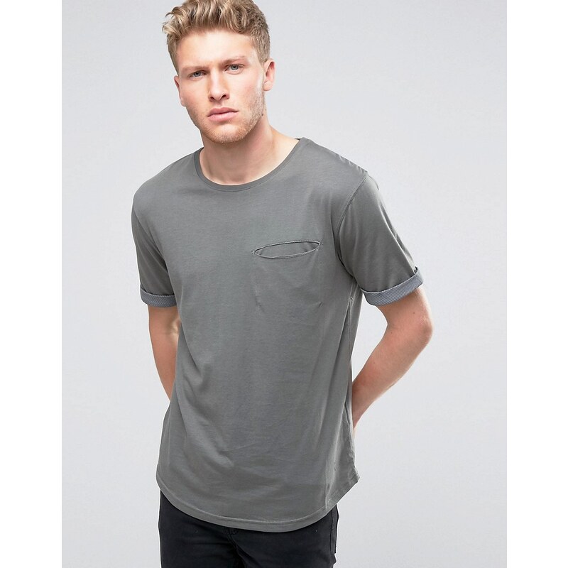Ringspun - T-Shirt mit Tasche, Rollärmeln und Rundsaum - Grau