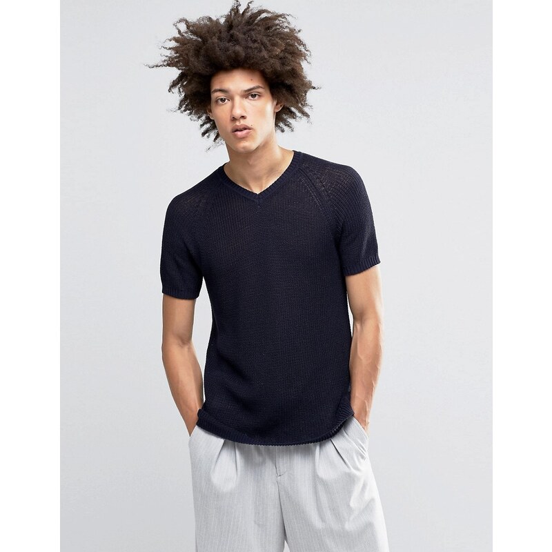 ASOS - Strick-T-Shirt mit Durchbruchdesign - Marineblau