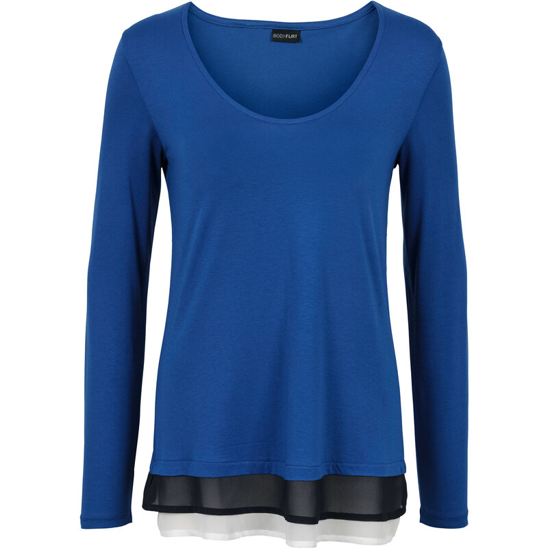 BODYFLIRT Shirt mit Chiffon-Volants langarm in blau für Damen von bonprix