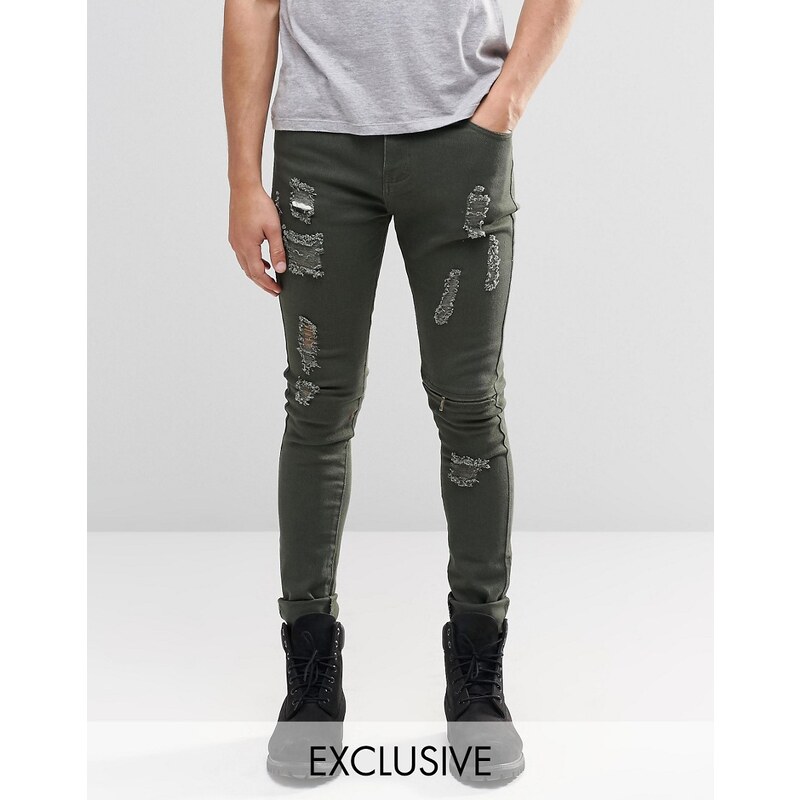 Liquor & Poker - Skinny-Jeans in Distressed-Khaki mit Biker-Reißverschluss - Grün