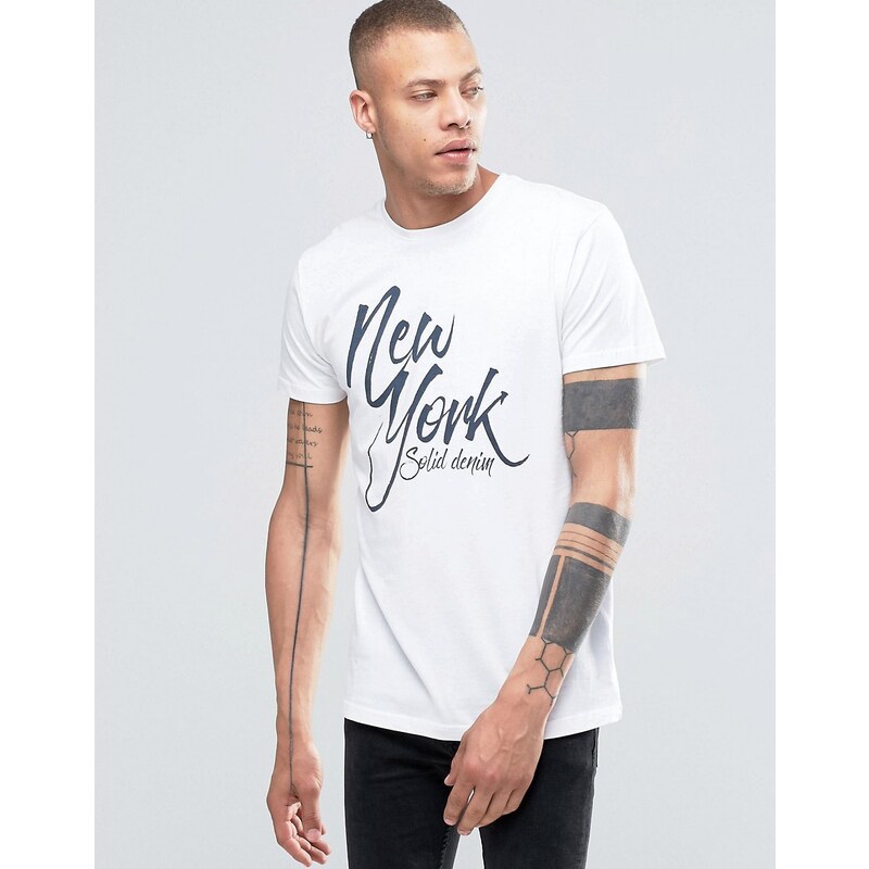 Solid - Meliertes T-Shirt mit Rundhalsausschnitt mit Grafikprint - Weiß
