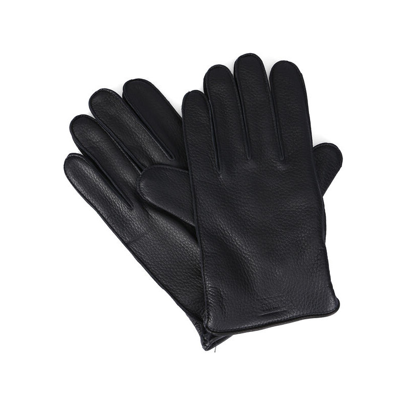 ARMANI COLLEZIONI Schwarze Handschuhe aus genarbtem Hirschleder mit Armani-Logo und Innenseite aus Wolle