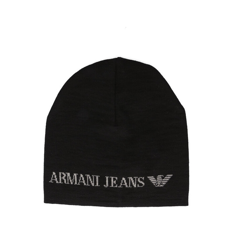 ARMANI JEANS Wollmütze in Schwarz und Grau mit blauem AJ-Logo