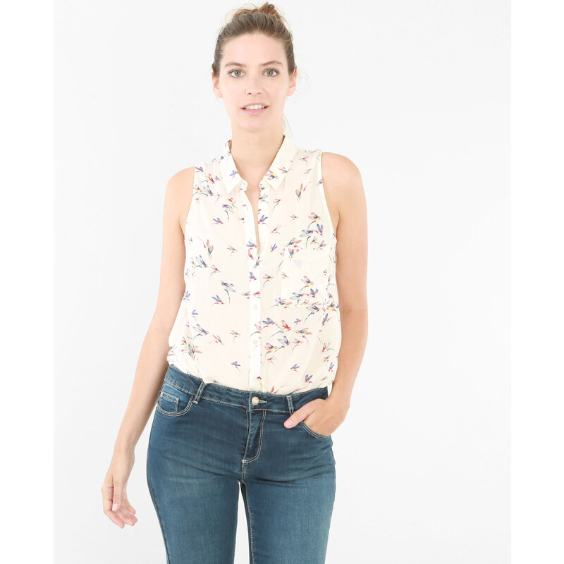 Ärmellose Hemdbluse mit Vogel-Print Altweiß, Größe S -Pimkie- Mode für Damen