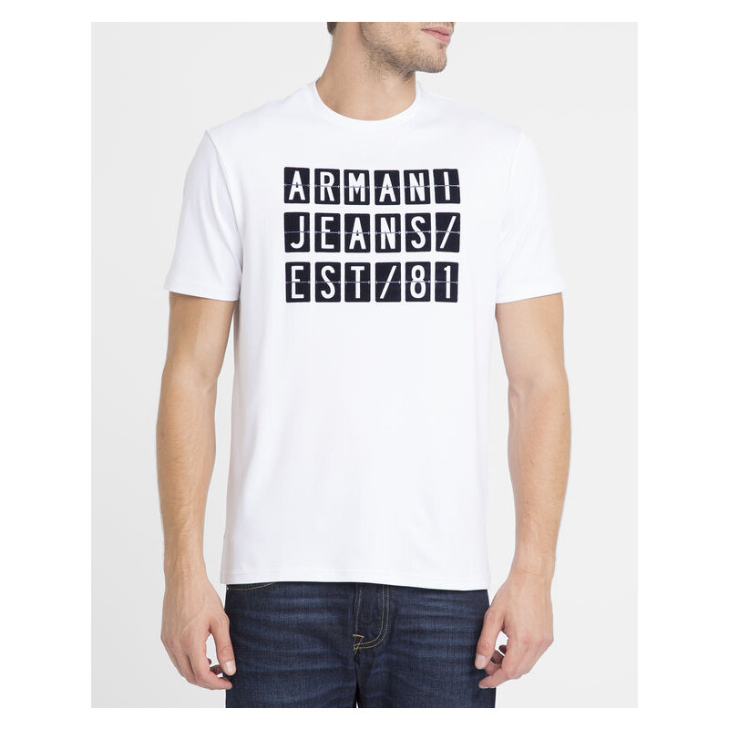 ARMANI JEANS Weißes T-Shirt mit Rundhalsausschnitt und aufgeflocktem AJ-Logo in Marineblau