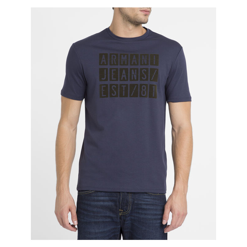 ARMANI JEANS Marineblaues T-Shirt mit Rundhalsausschnitt und aufgeflocktem AJ-Logo in Camel